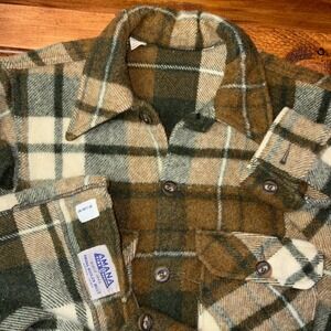 Vintage Amana Woolen Mills Plaid Wool CPO Shirt Jacket Mens 38 (Med) Green Brown